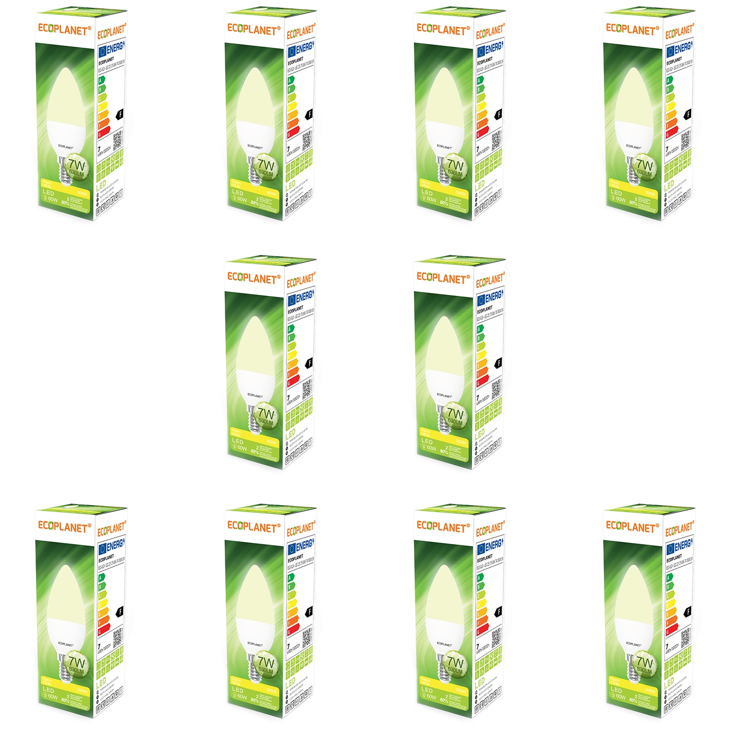 Set 10 buc - Bec LED Ecoplanet lumanare C35, E14, 7W (60W), 630 LM, F, lumina calda 3000K, Mat