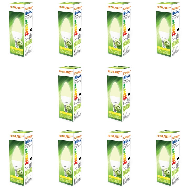 Комплект LED крушка Ecoplanet, ECO-0024X10,Свещ, C35, E14, 7W (60W), 630 LM, F, 3000K Топла светлина, Мат, 10 бр