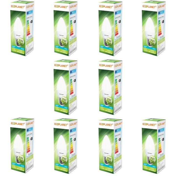 Set 10 buc - Bec LED Ecoplanet lumanare C35, E27, 7W (60W), 630 LM, F, lumina rece 6500K, Mat