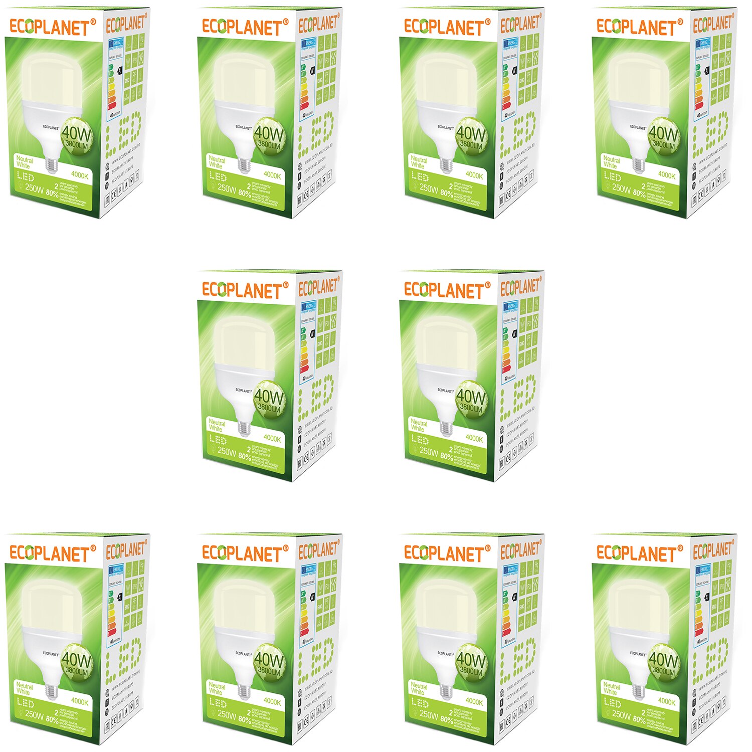 Set 10 buc - Bec LED Ecoplanet T120 forma cilindrica, E27, 40W (250W), 3800 LM, F, lumina neutra 4000K, Mat