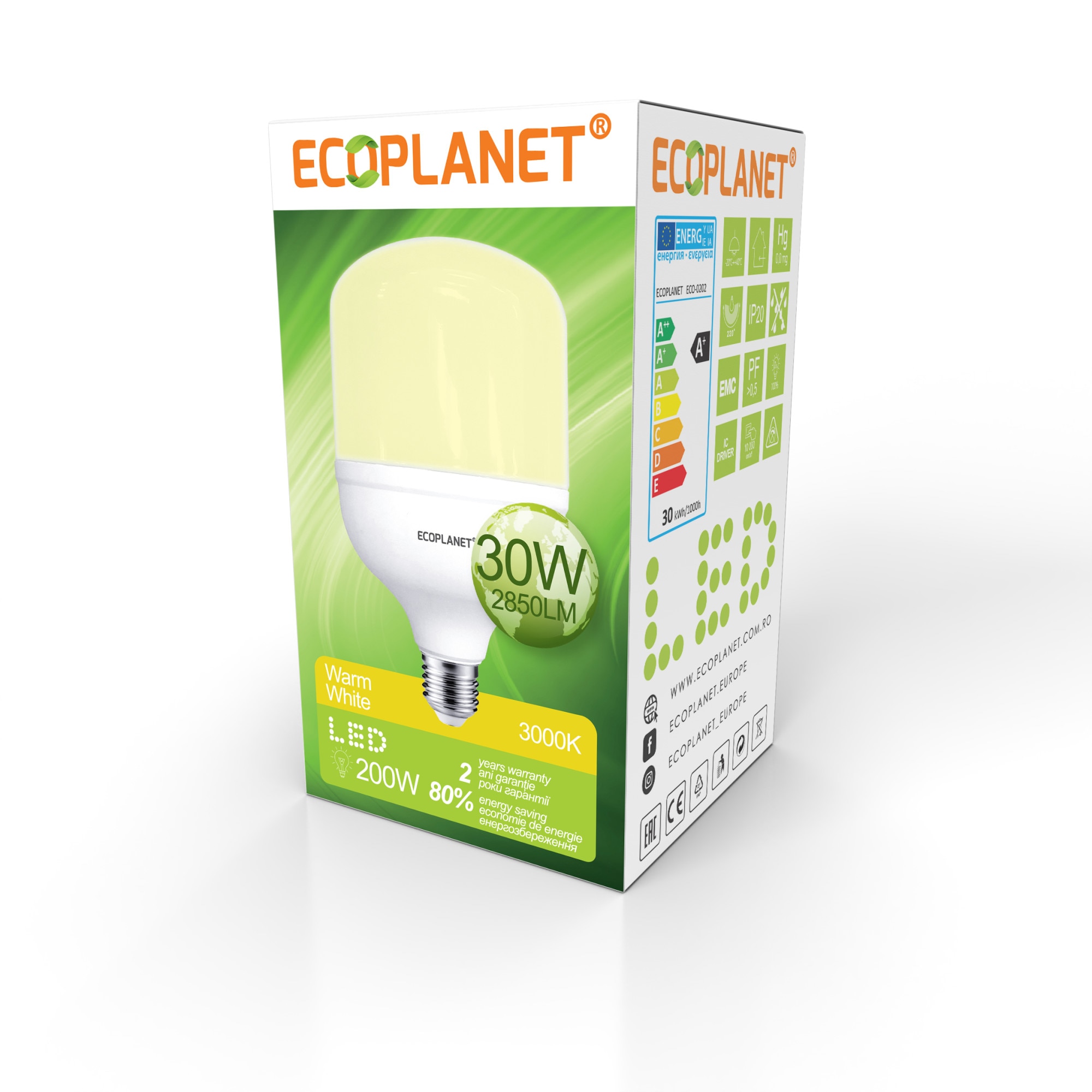 Bec LED Ecoplanet T100 forma cilindrica, E27, 30W (200W), 2850 LM, F, lumina calda 3000K, Mat