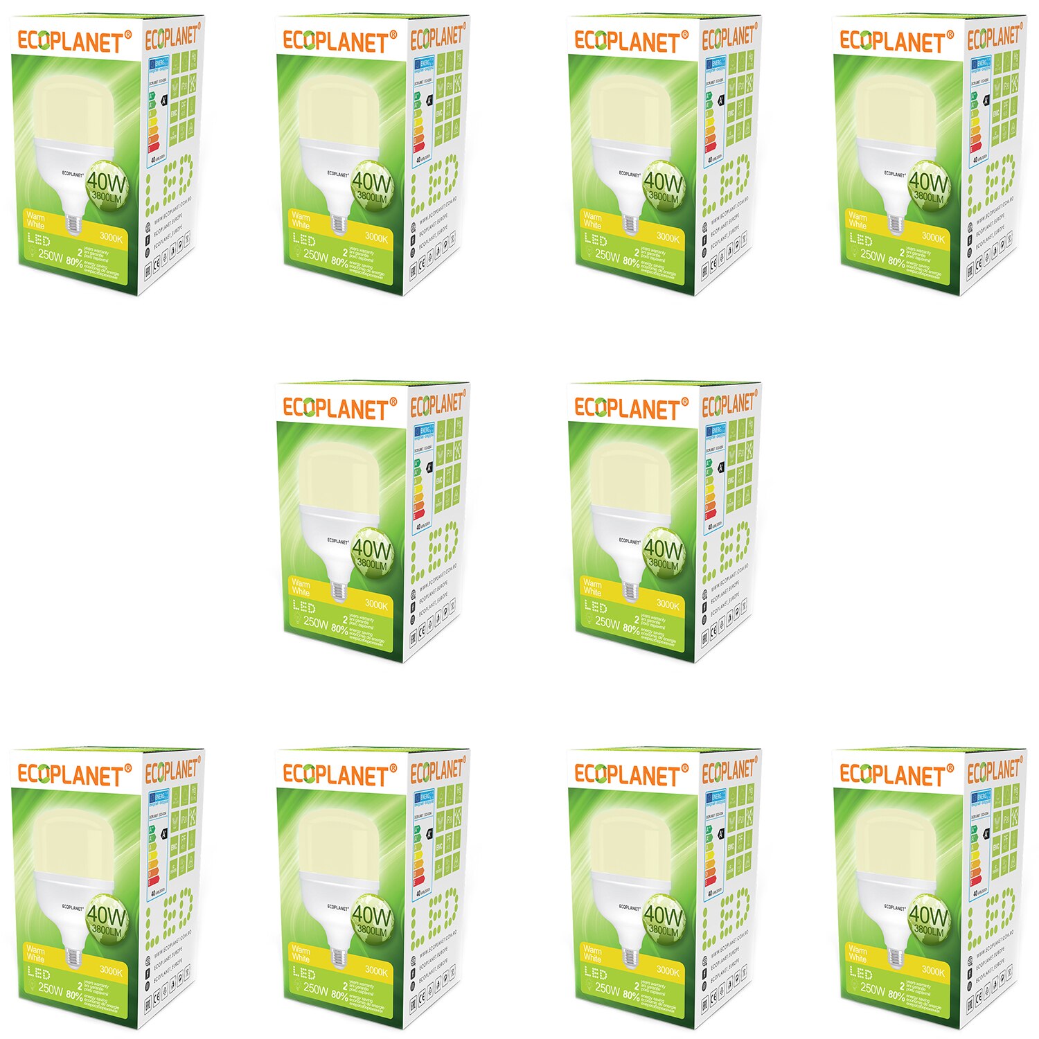 Set 10 buc - Bec LED Ecoplanet T120 forma cilindrica, E27, 40W (250W), 3800 LM, F, lumina calda 3000K, Mat