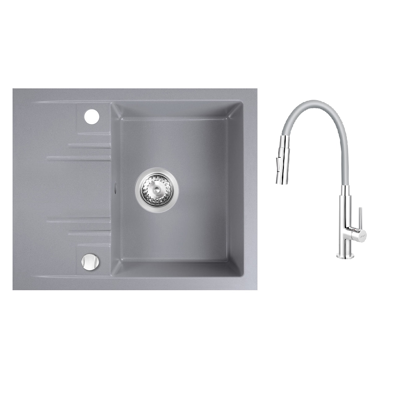Pachet 2in1 Ferro Chiuveta granit cu picurator mic patrata, Incastrat, 48/58 cm, gri, Zumba Slim 2F - baterie stativa bucatarie cu pipa flexibila, gri-argintiu