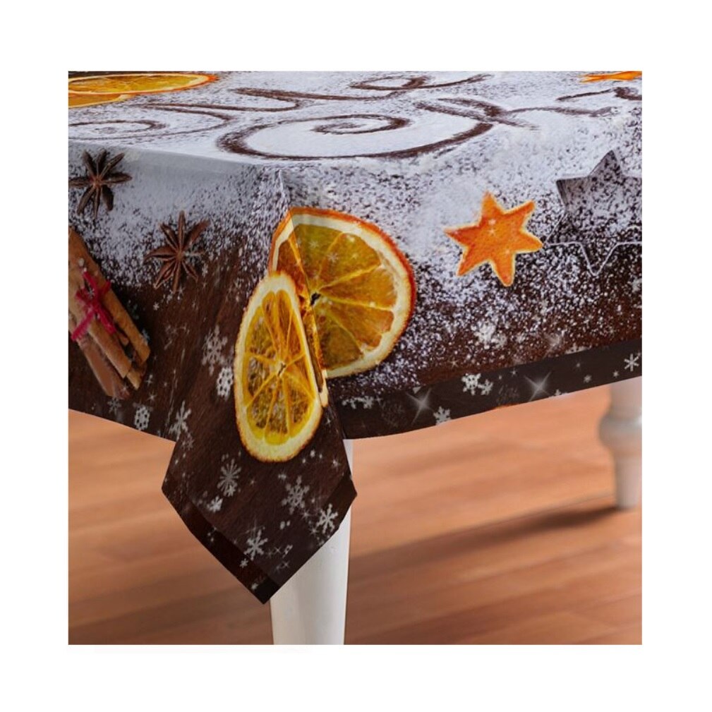 Fata de masa pentru iarna , Merry Christmas , 180 x 140 cm , Alb - Maro , Bumbac