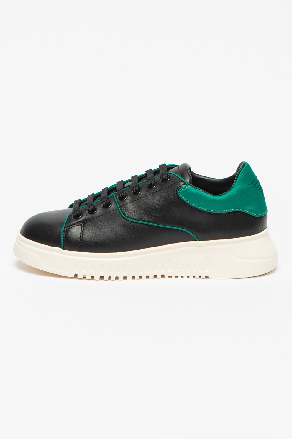 Emporio Armani, Pantofi sport low-top de piele cu garnituri de satin, Negru/Verde
