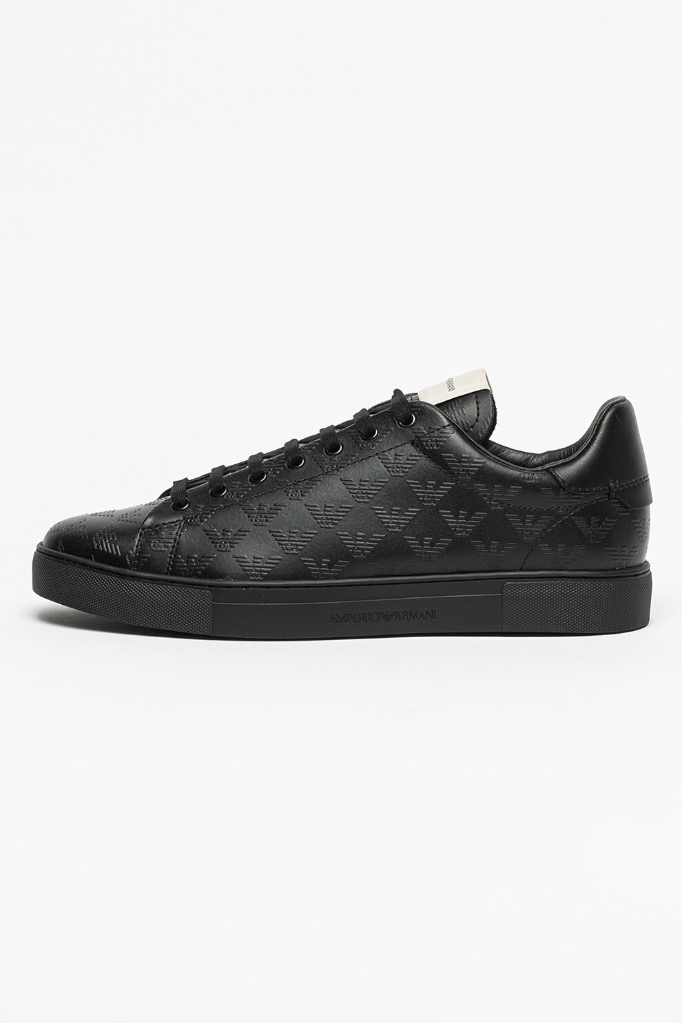 Emporio Armani, Pantofi sport low-top de piele cu monograma in relief, Negru