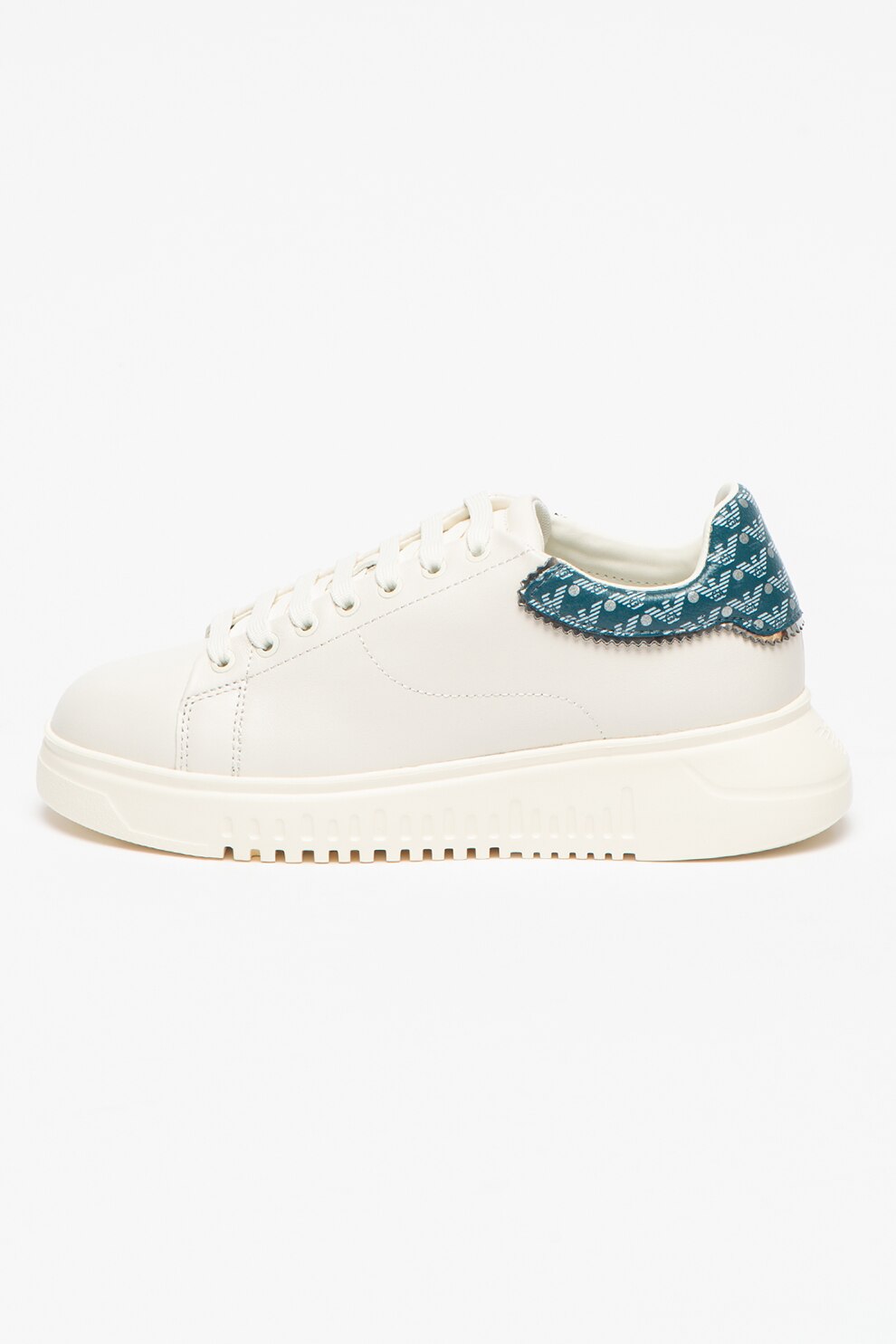 Emporio Armani, Pantofi sport low-top de piele si piele ecologica cu garnitura contrastanta pe calcai, Alb prafuit