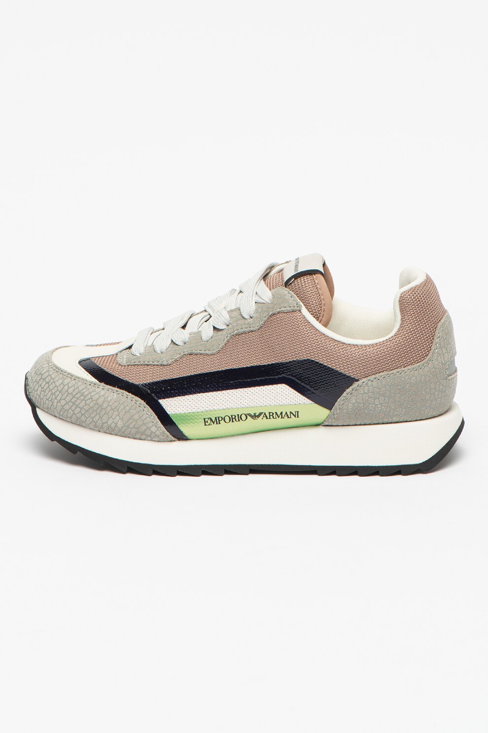 Emporio Armani, Pantofi sport low-top cu model colorblock si garnituri de piele, maro taupe, maro deschis, alb prafuit