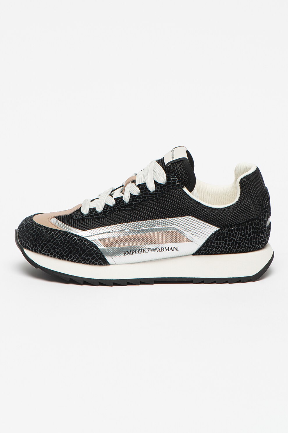 Emporio Armani, Pantofi sport low-top cu model colorblock si garnituri de piele, negru, argintiu, maro nisip