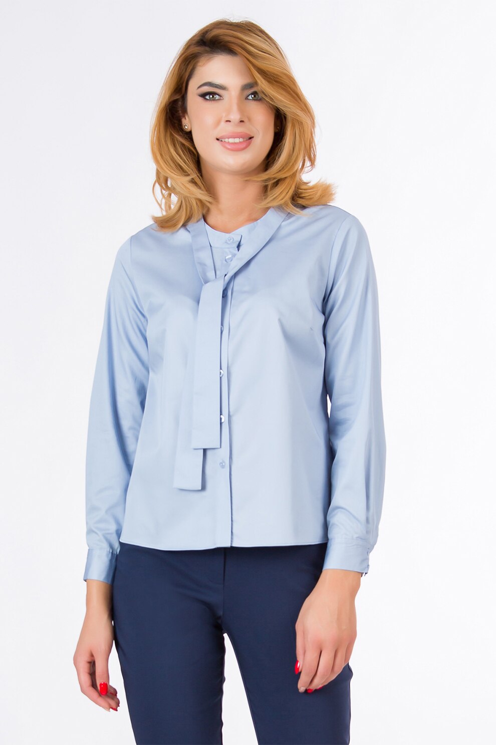 Sense, Camasa de bumbac cu prindere cu cordon la decolteu, Albastru pastel