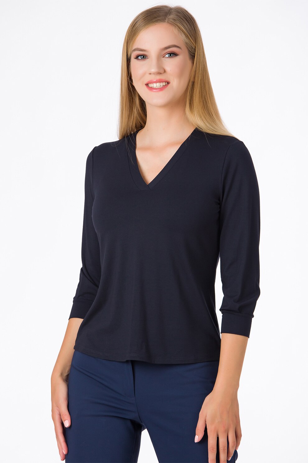 Sense, Bluza cu decolteu in V si maneci trei sferturi, Bleumarin inchis
