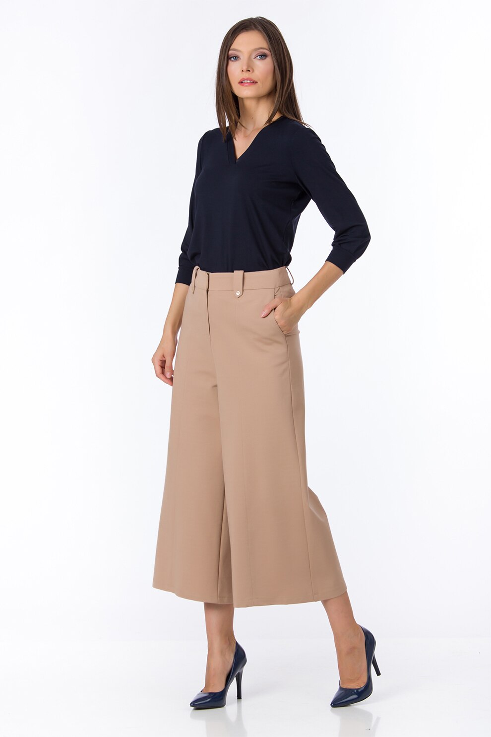 Sense, Pantaloni crop cu croiala ampla Dianne, Maro nisip