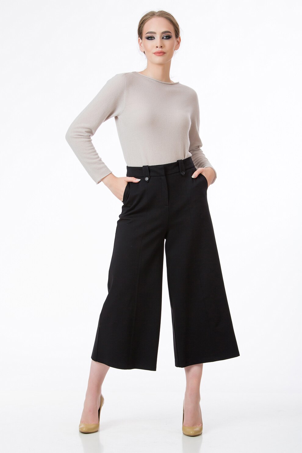 Sense, Pantaloni crop cu croiala ampla Dianne, Negru