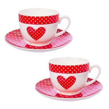 Set 2 cesti / farfurii Orion, Model inima, 280 ml, Rosu/Alb Set 2 cesti / farfurii Orion, Model inima, 280 ml, Rosu/Alb