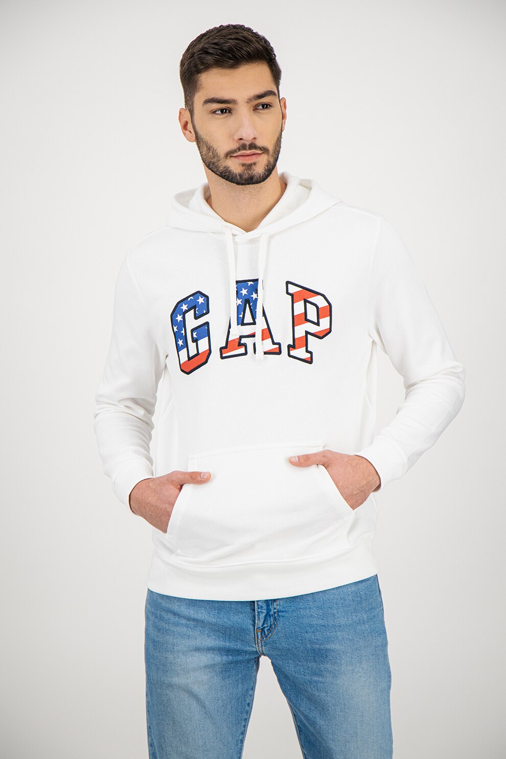 GAP, Hanorac cu imprimeu logo si buzunar kangaroo, Alb/Rosu/Albastru