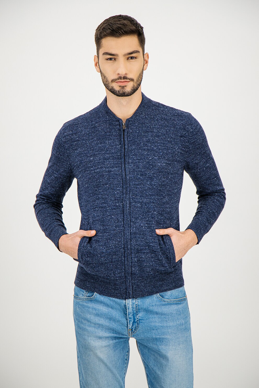GAP, Cardigan cu fermoar si buzunare oblice, Albastru melange