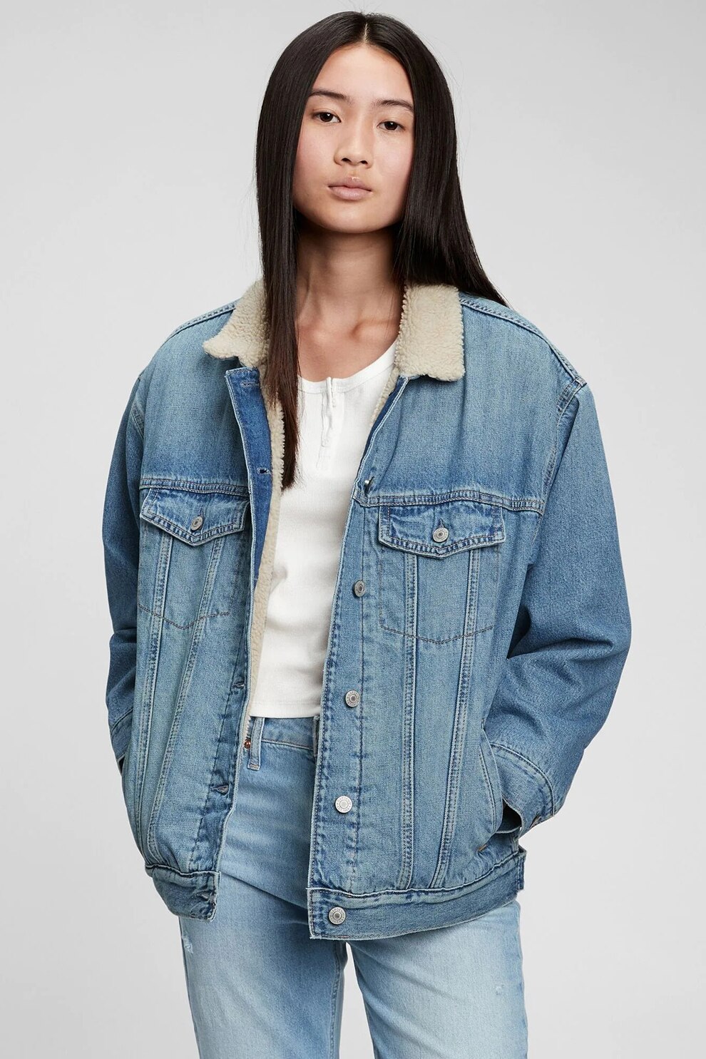 GAP, Jacheta din denim cu captuseala de blana sherpa, Albastru