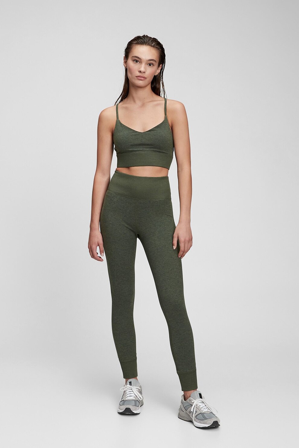 GAP, Pantaloni cu talie inalta si terminatii striate, Verde inchis