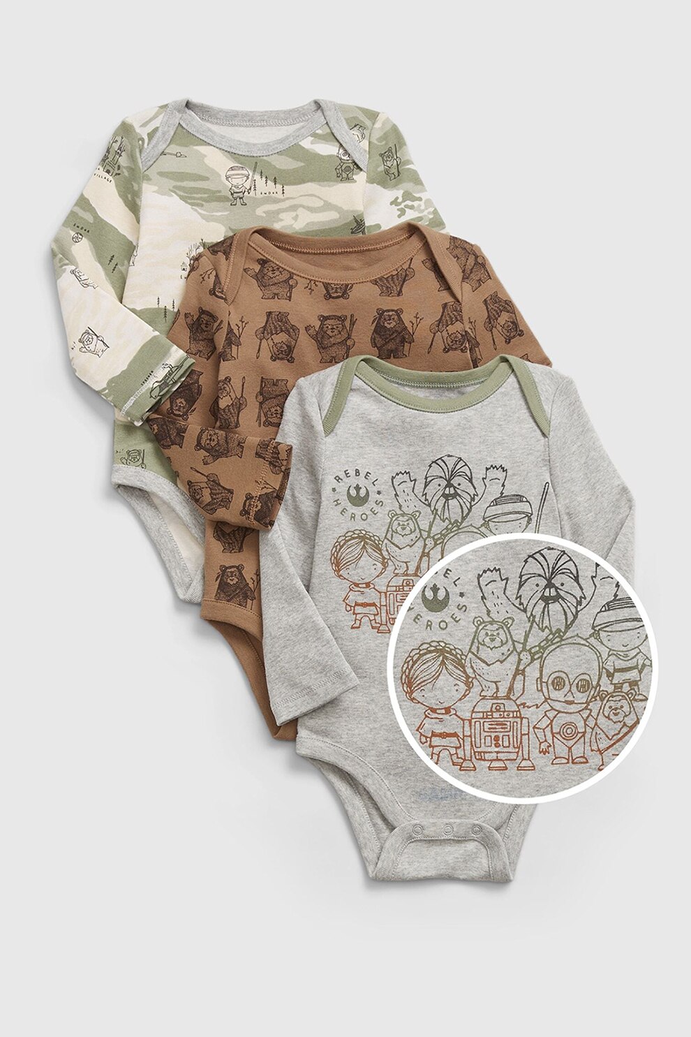 GAP, Set de body-uri de bumbac cu imprimeu grafic - 3 piese, gri, maro, verde