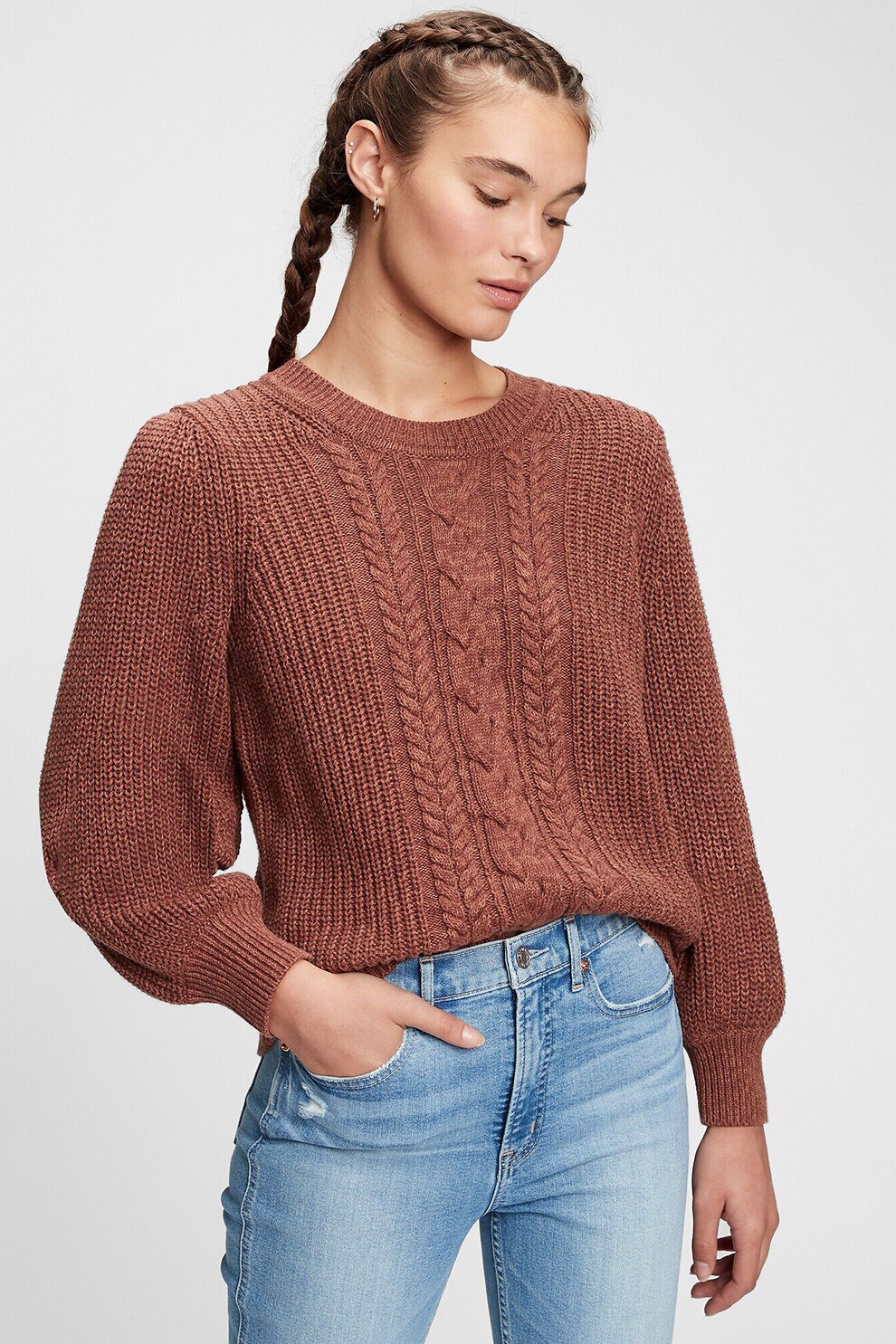 GAP, Pulover de bumbac cu model torsade, Maro