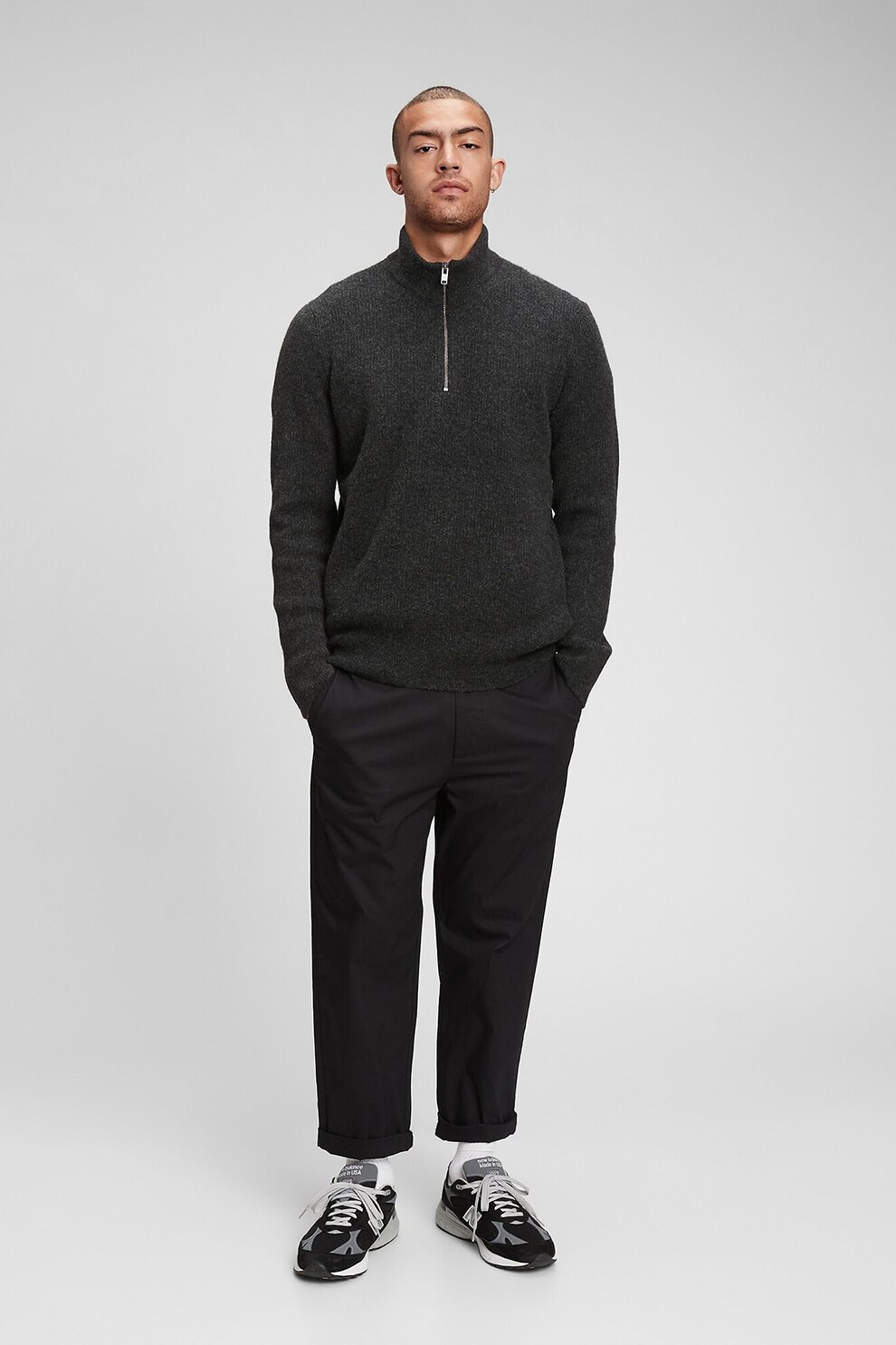 GAP, Pulover tricotat cu fenta cu fermoar, Negru stins