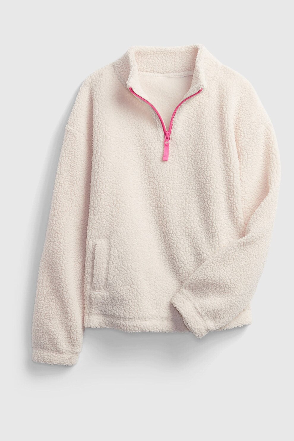 GAP, Bluza sport din material teddy cu fenta cu fermoar, Alb prafuit