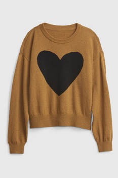 GAP, Pulover cu decolteu la baza gatului si imprimeu grafic, Negru/Maro GAP, Pulover cu decolteu la baza gatului si imprimeu grafic, Negru/Maro