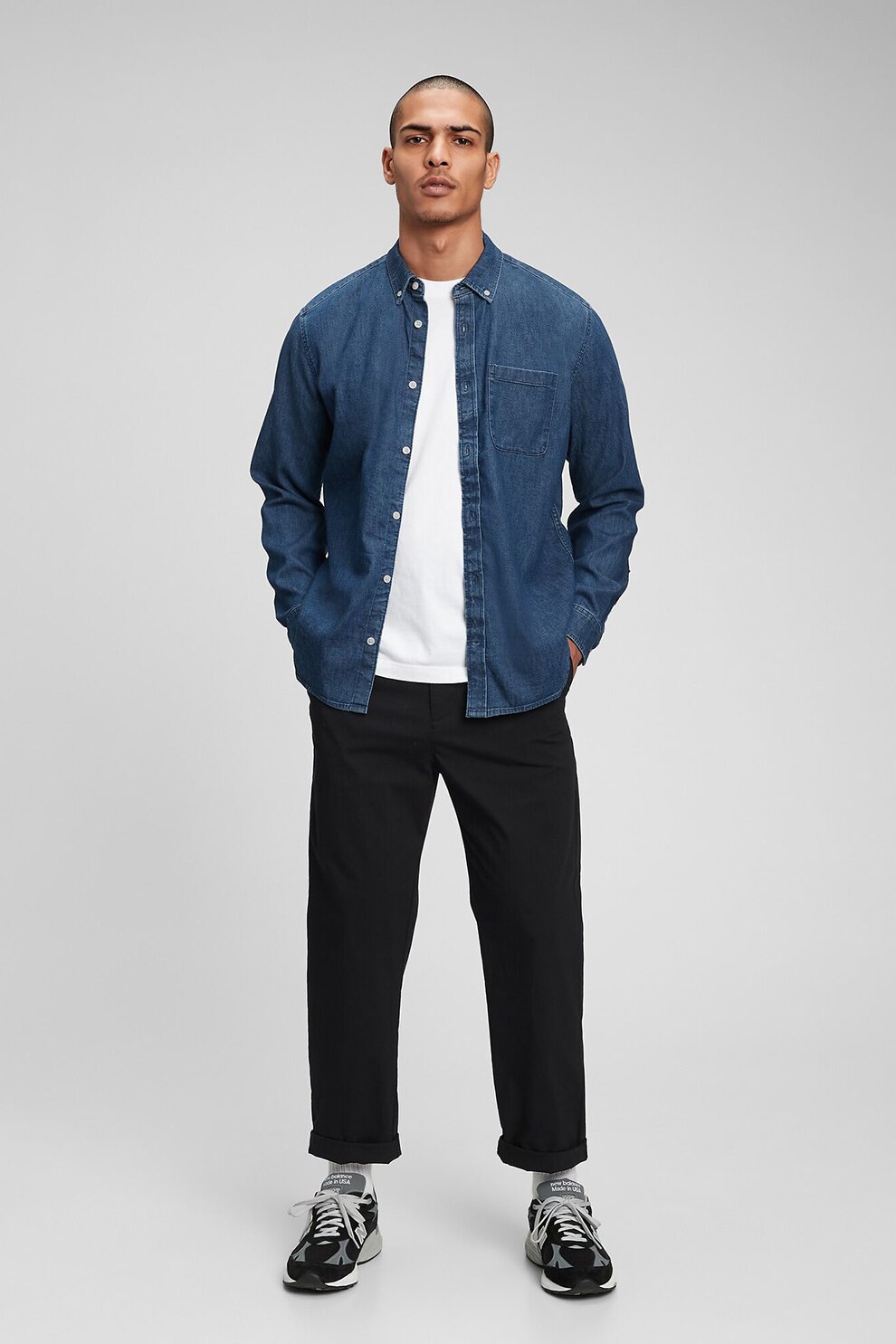 GAP, Camasa din chambray cu buzunar pe piept, Albastru