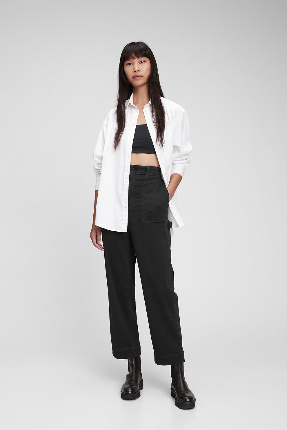 GAP, Pantaloni drepti cu talie inalta, negru