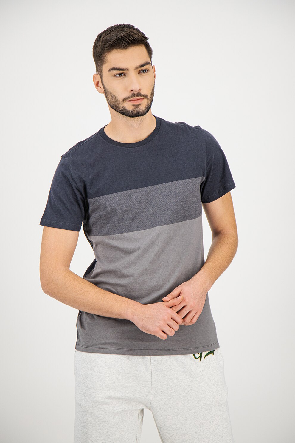 GAP, Tricou de bumbac cu aspect colorblock, Gri antracit/Gri inchis