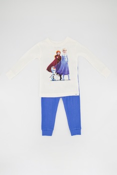 GAP, Pijama din bumbac organic cu imprimeu Frozen, Alb/Albastru lavanda GAP, Pijama din bumbac organic cu imprimeu Frozen, Alb/Albastru lavanda