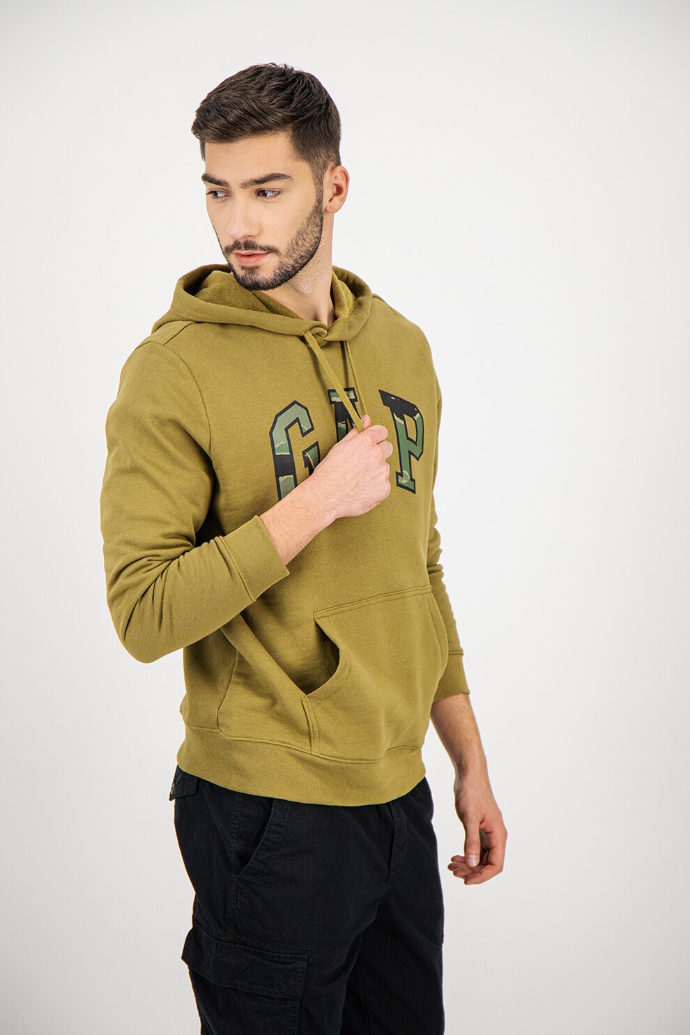 GAP, Hanorac cu imprimeu logo si buzunar kangaroo, Verde oliv