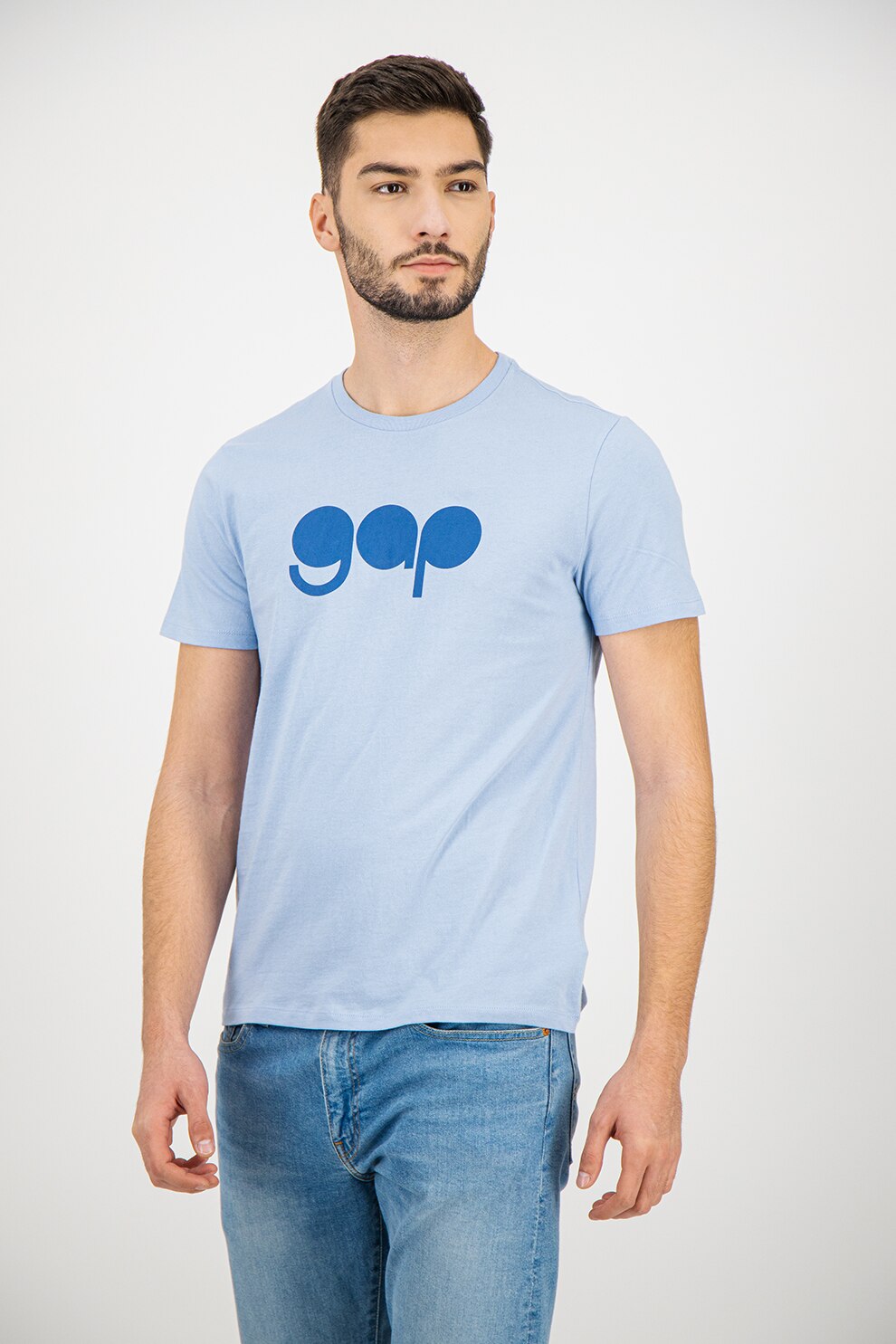 GAP, Tricou cu decolteu la baza gatului si imprimeu logo, Albastru deschis