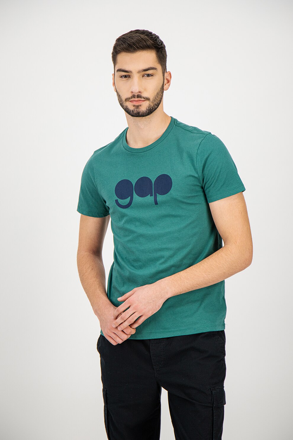 GAP, Tricou cu decolteu la baza gatului si imprimeu logo, Verde