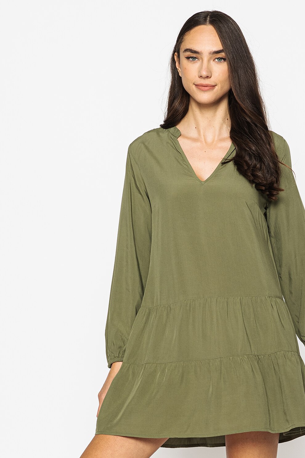GAP, Rochie mini evazata cu decolteu in V, Verde feriga