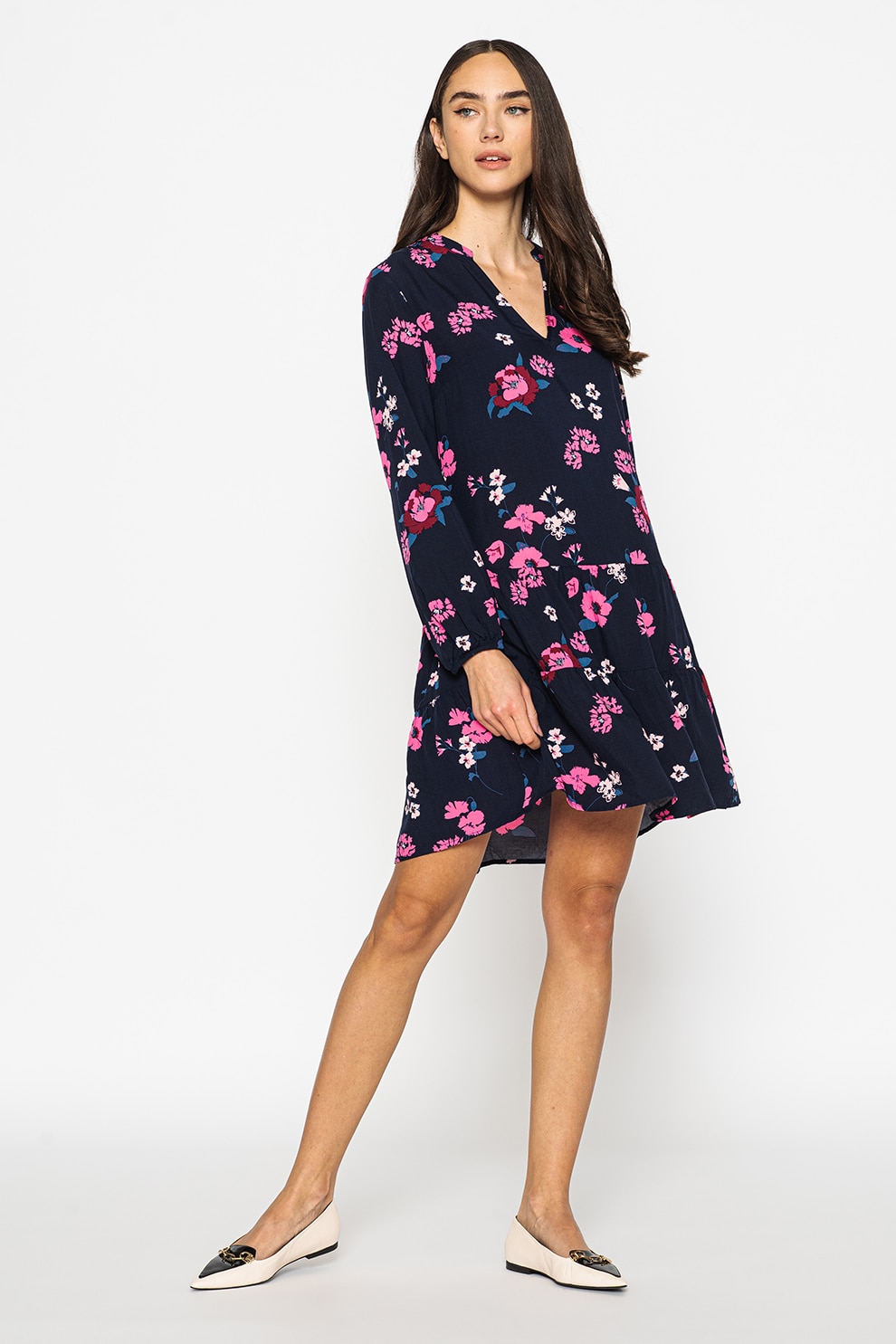 GAP, Rochie mini evazata cu decolteu in V, Bleumarin, Roz/Rosu