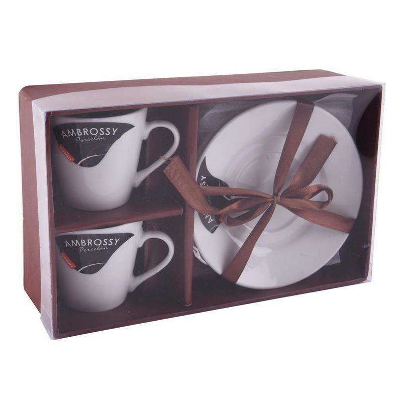 Set 2 cani expresso / farfurii, Orion, Ambrossy, Portelan, 90 ml, Alb