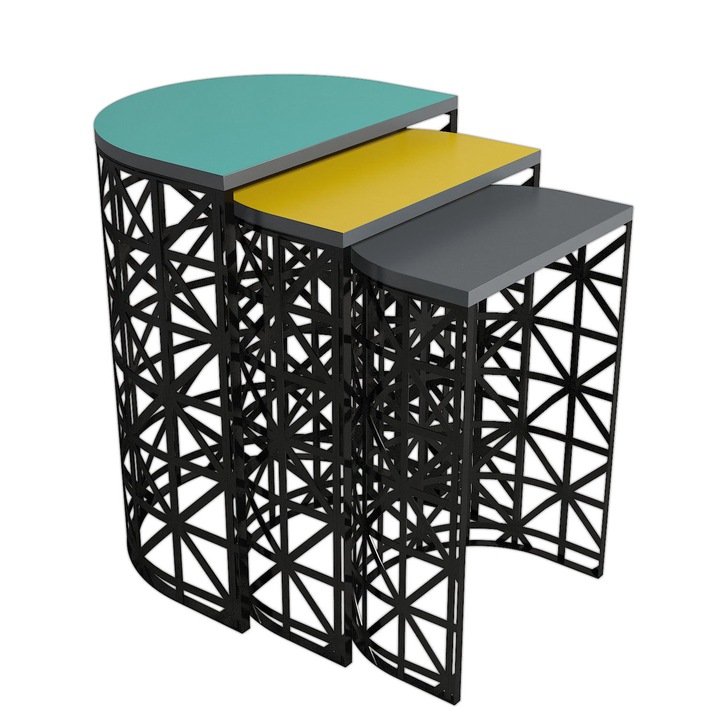 Set 3 mese laterale Nancy Homestore, Lemn/Fier, 33 x 46 x 62 cm, Multicolor