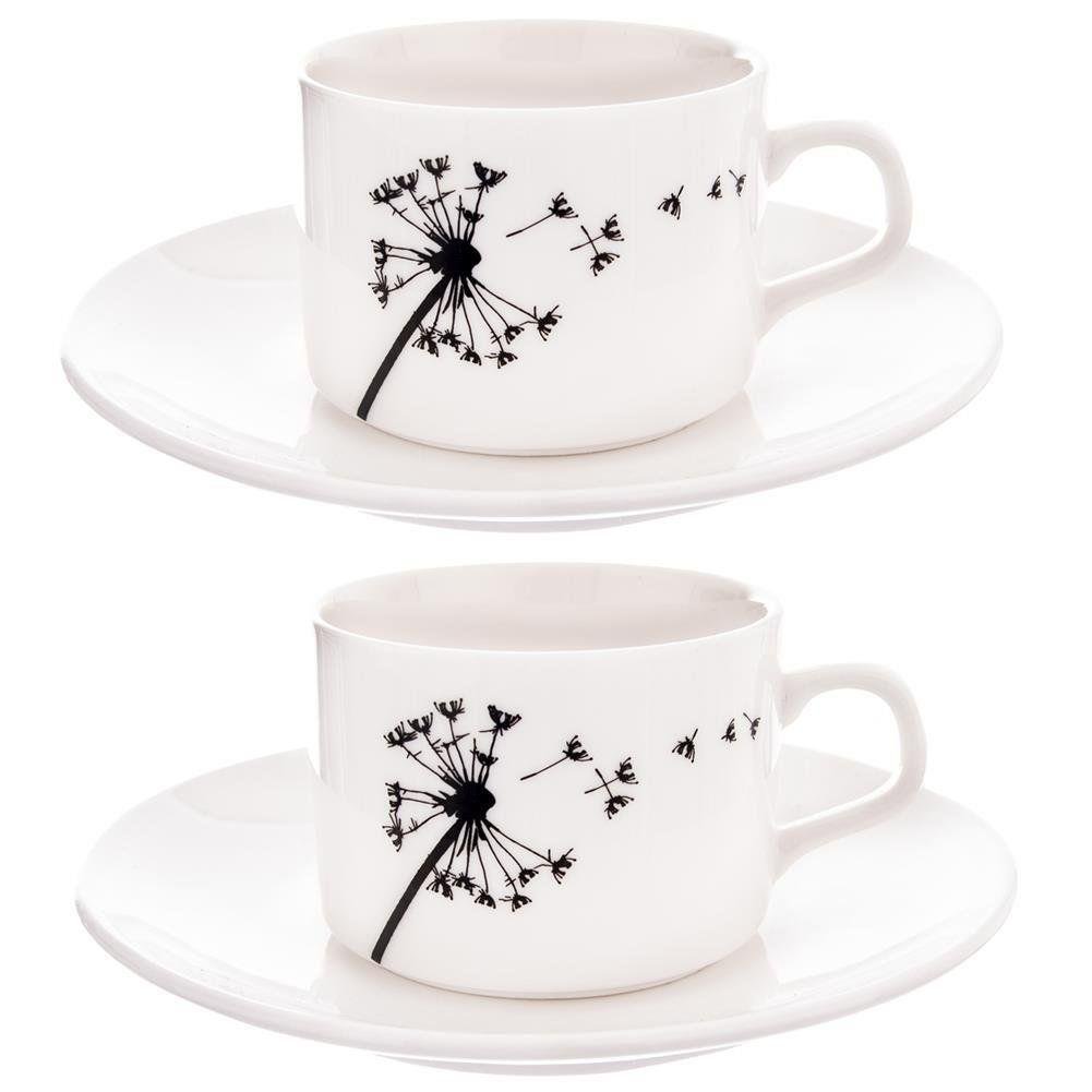 Set 2 cesti cu farfurie, Orion, 180 ml, Alb/Negru