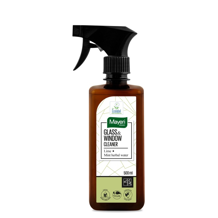 Üvegtisztító oldat, 500 ml, Organikus, permetezővel, mész illatú, mentavízzel, Ökocímkés ökológiai minősítés