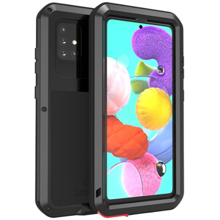 Husa antisoc + Sticla LOVE MEI compatibile cu Samsung Galaxy A51, Aliaj de zinc/TPU, Negru
