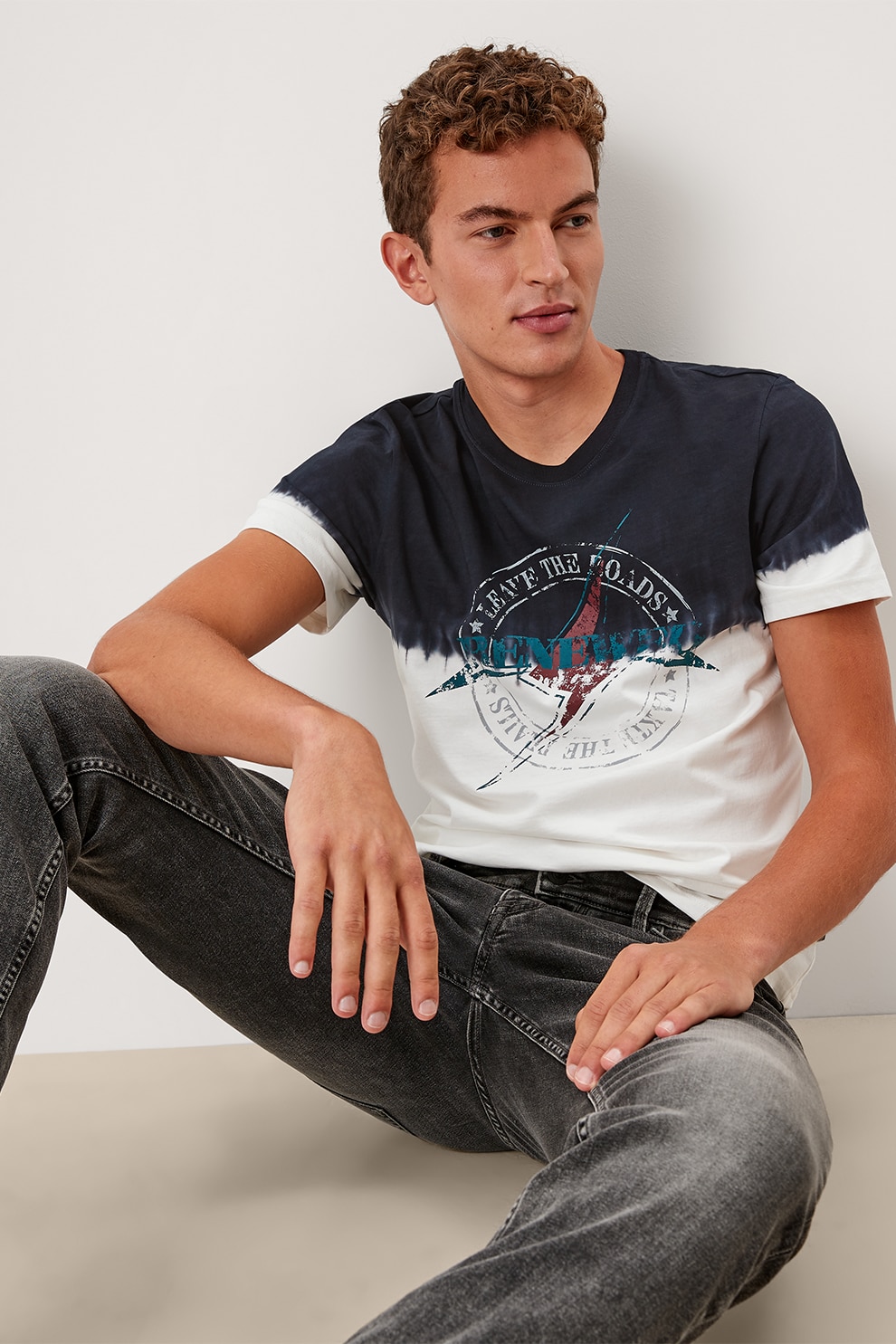 s.Oliver, Tricou de bumbac cu imprimeu tie-dye, Bleumarin inchis/Alb/Albastru petrol