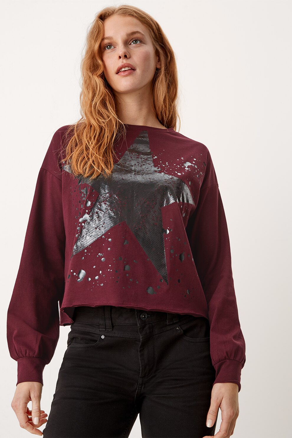 s.Oliver, Bluza sport lejera cu imprimeu stea, Rosu Bordeaux/Gri inchis