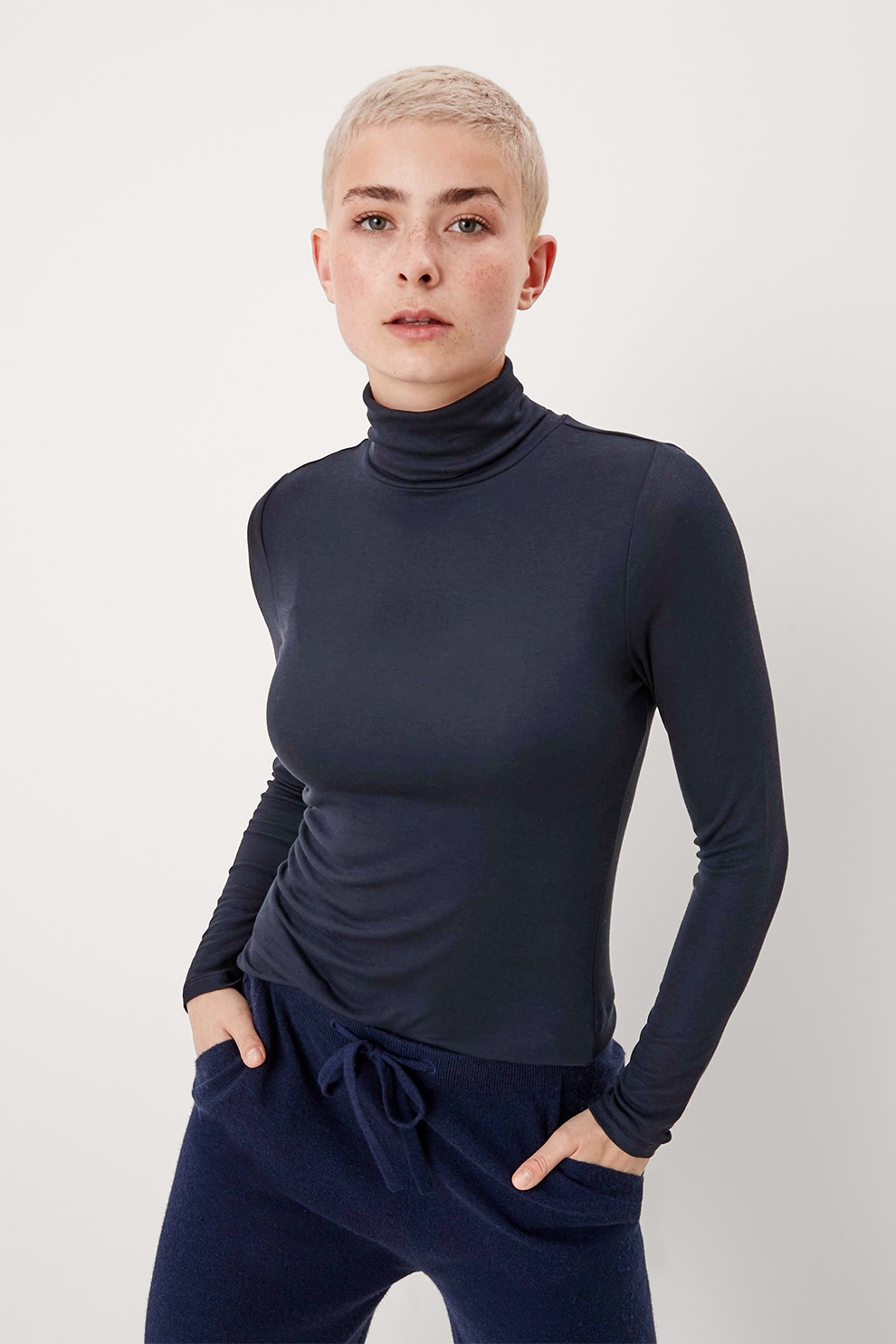 s.Oliver, Bluza cu guler inalt si maneci lungi, Bleumarin inchis