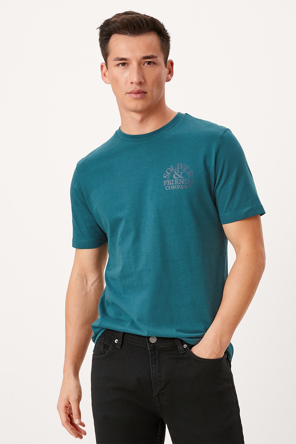 s.Oliver, Tricou de bumbac cu decolteu la baza gatului si logo, Albastru petrol