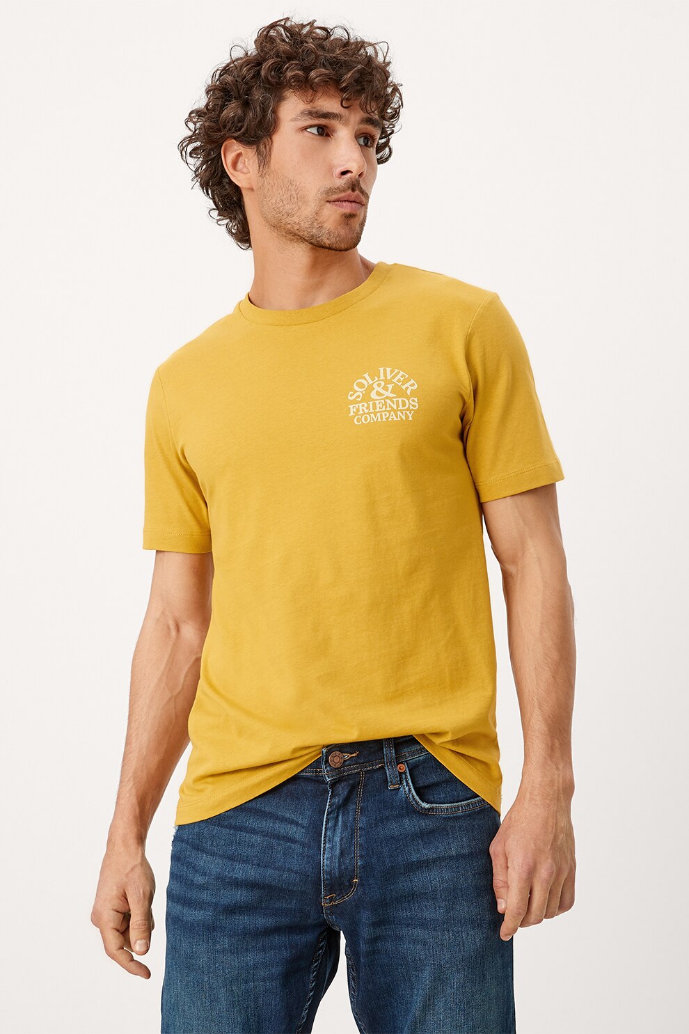 s.Oliver, Tricou de bumbac cu decolteu la baza gatului si logo, Oranj pal/Alb