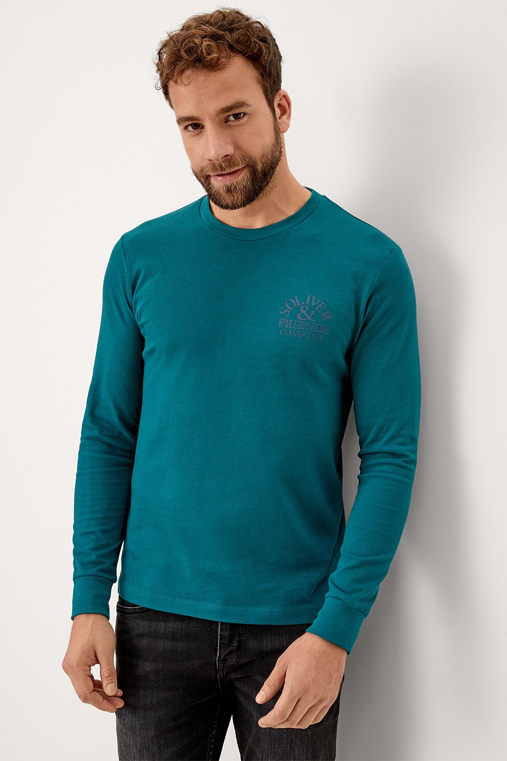 s.Oliver, Bluza de bumbac cu decolteu rotund, Albastru petrol