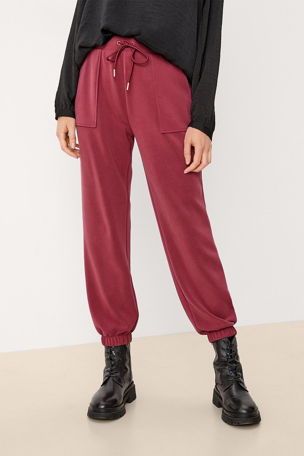 s.Oliver, Pantaloni de catifea cu snur in talie, Zmeuriu