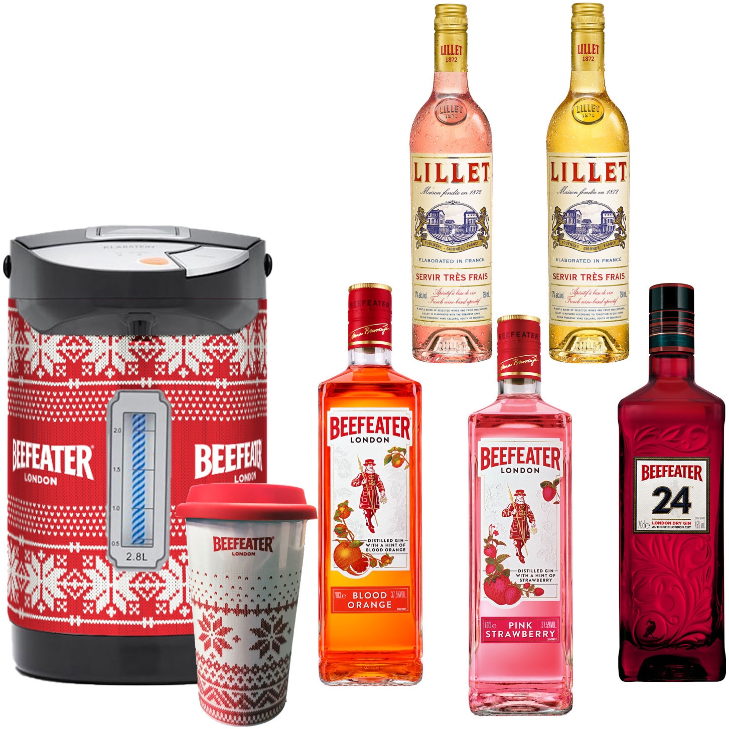Pachet Beefeater ''Gin is Hot'', 3 x Beefeater, 2 x Lillet, 1 fierbator Beefeater + 6 cani