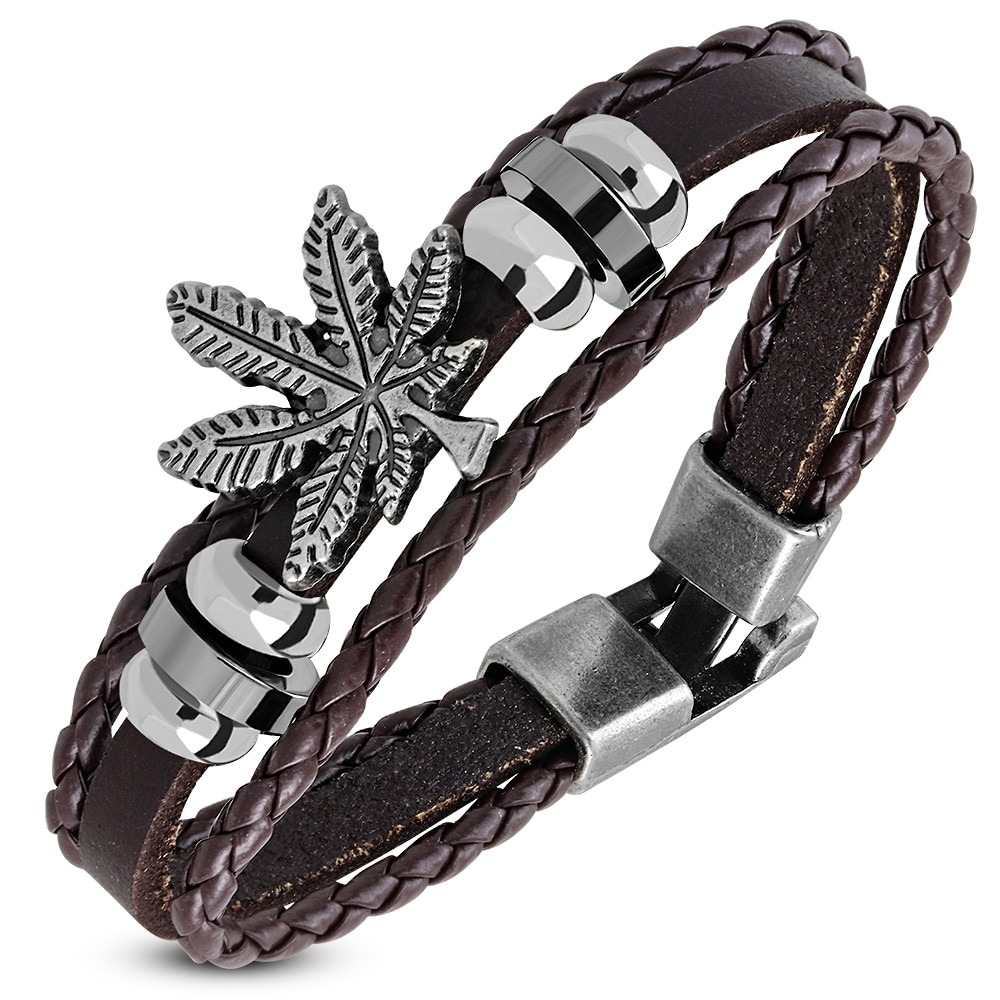 Bratara piele, BeSpecial, BSL3344, maro, cu frunza Marijuana Ganja, 20 cm x 1,5 cm